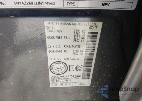 2018 Nissan Murano Platinum/S/Sl/Sv from USA, damaged, VIN 5N1AZ2MH3JN174960